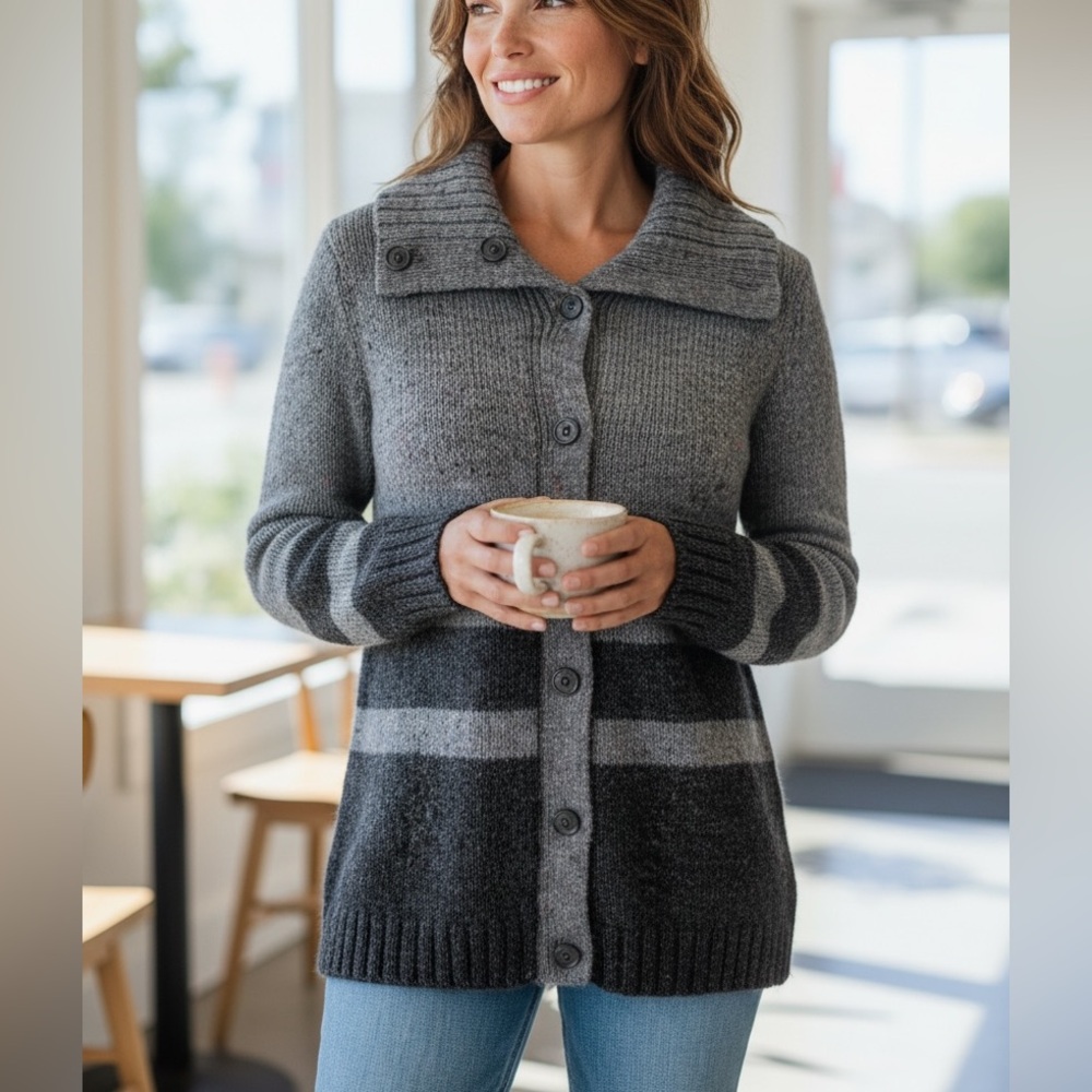 TALBOTS Tweed Flecked Wool Cardigan Sweater Grey Colorblock Autumn Women’s Small